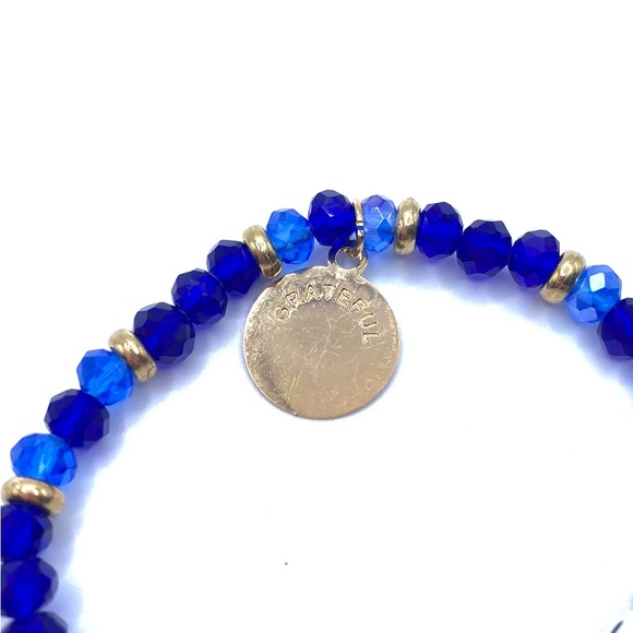 Grateful Beaded Stretch Bracelet Blue Gold Tone - Picture 4 of 4
